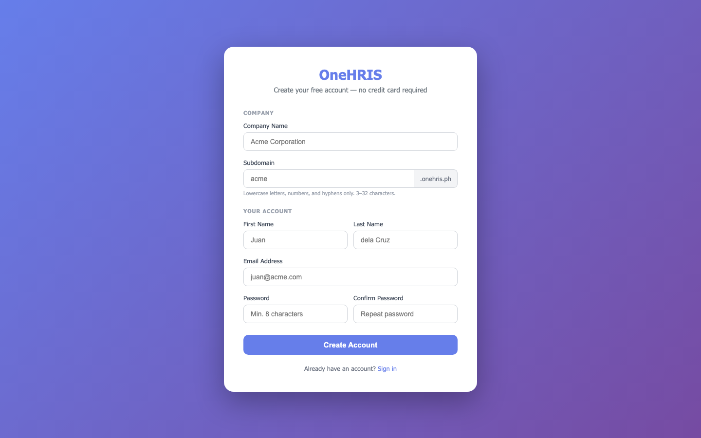 OneHRIS registration page