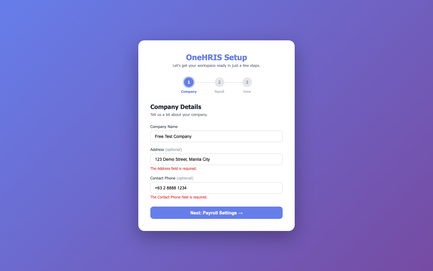 Setup wizard — company details