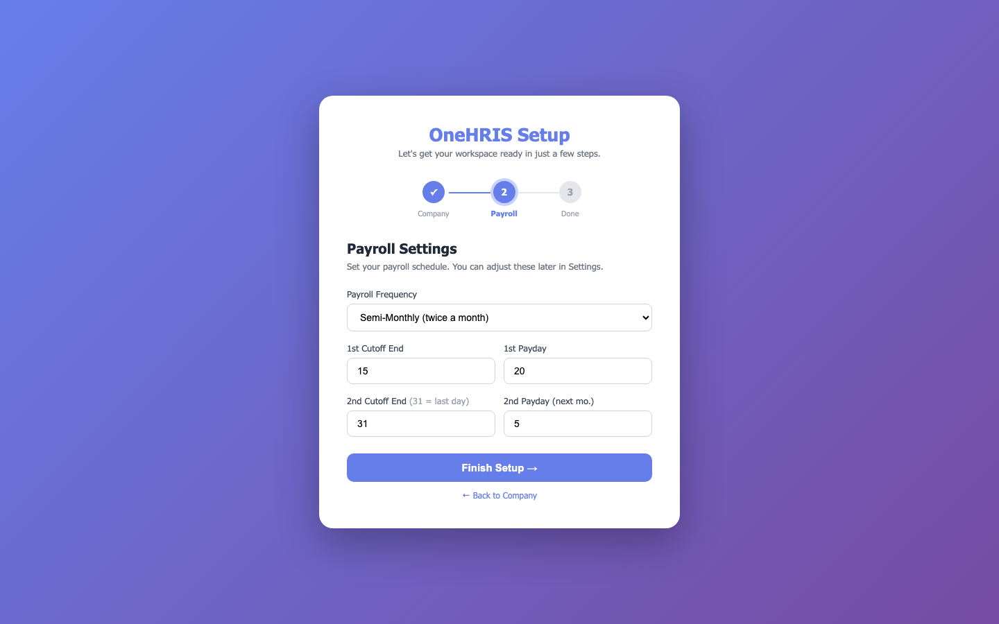 Setup wizard — payroll settings