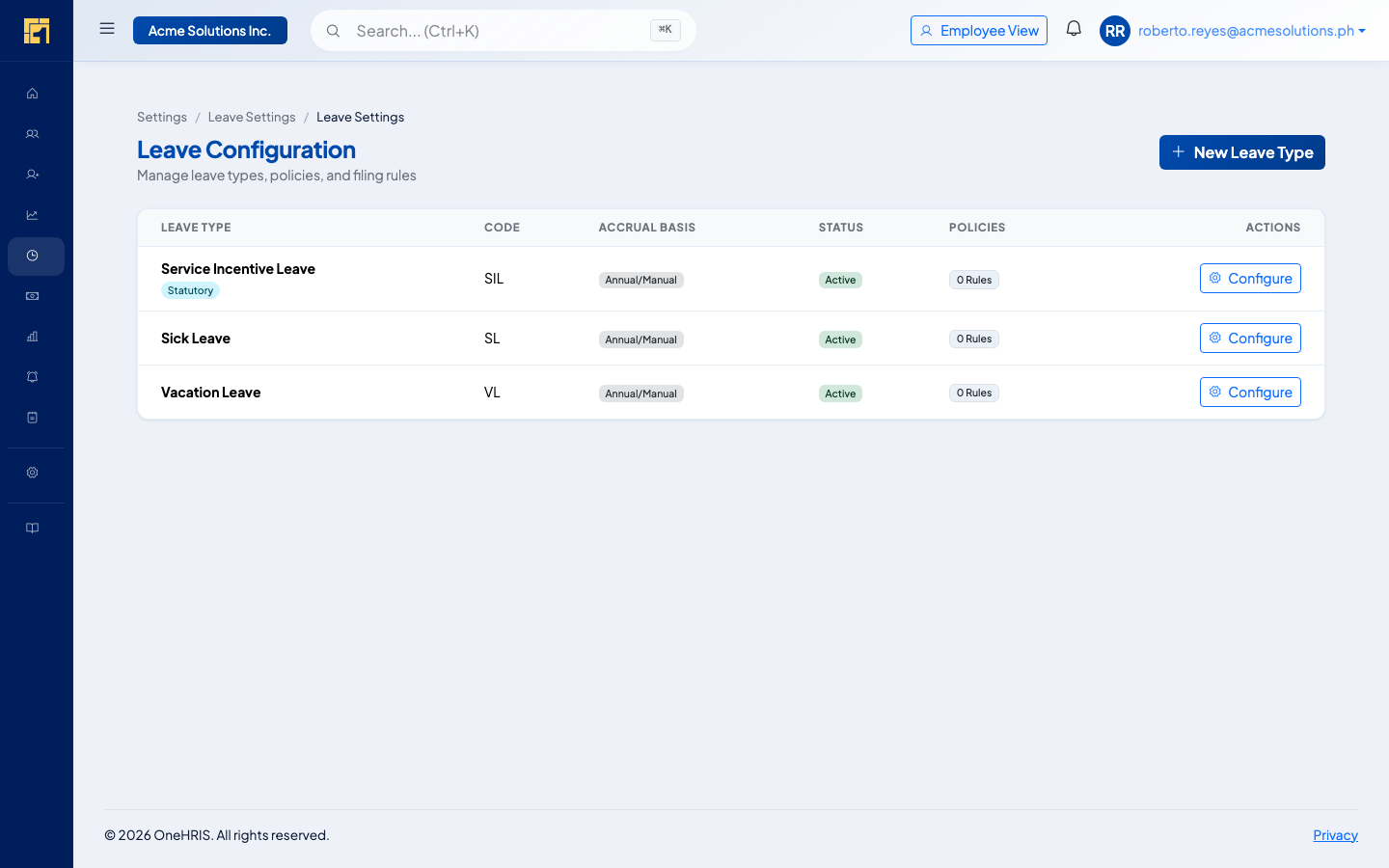 Leave configuration settings