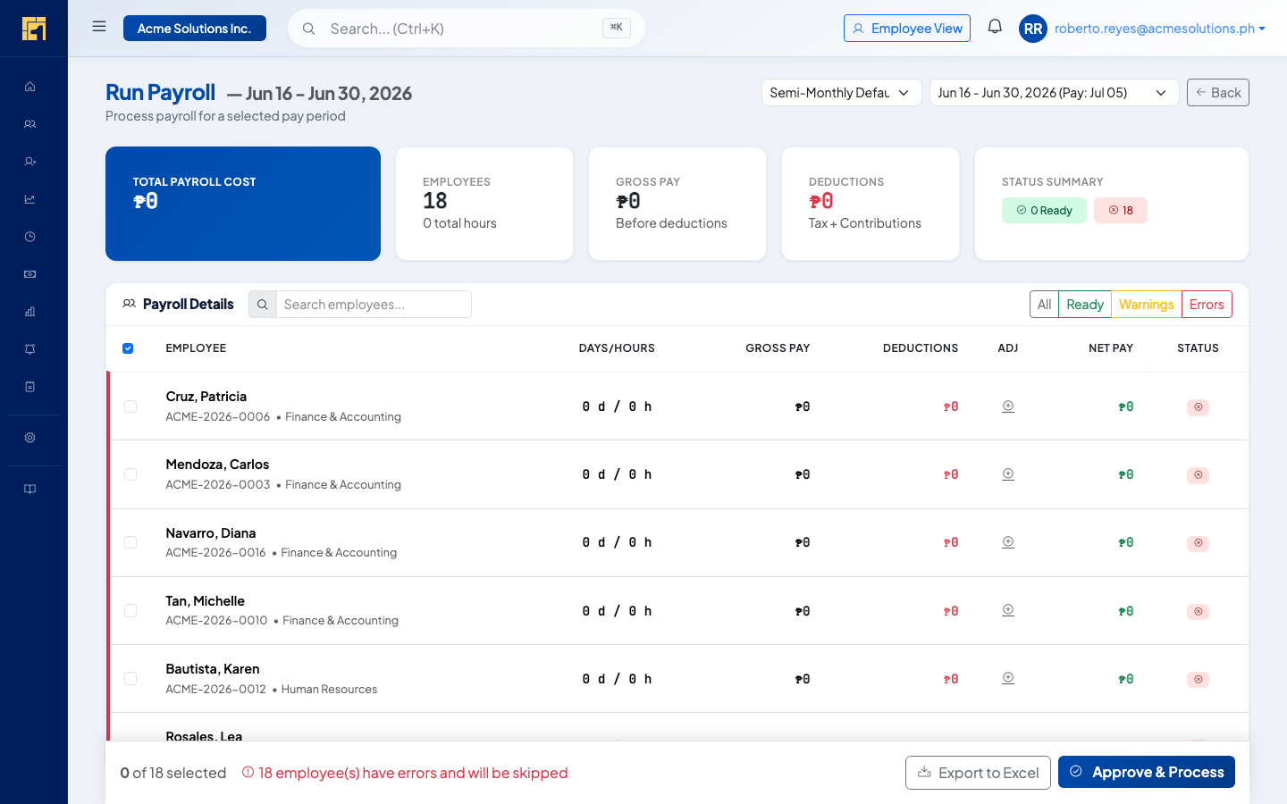 Run Payroll screen